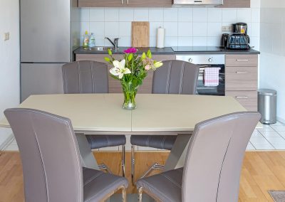 Monteurzimmer Küche mit TV und Sitzgruppe